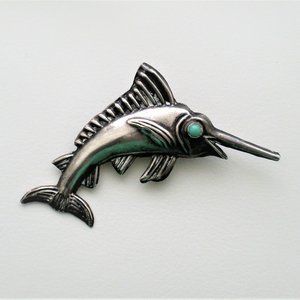 Taxco Mexico Sterling Silver Hecho En Swordfish Turquoise Color Eye Brooch Pin